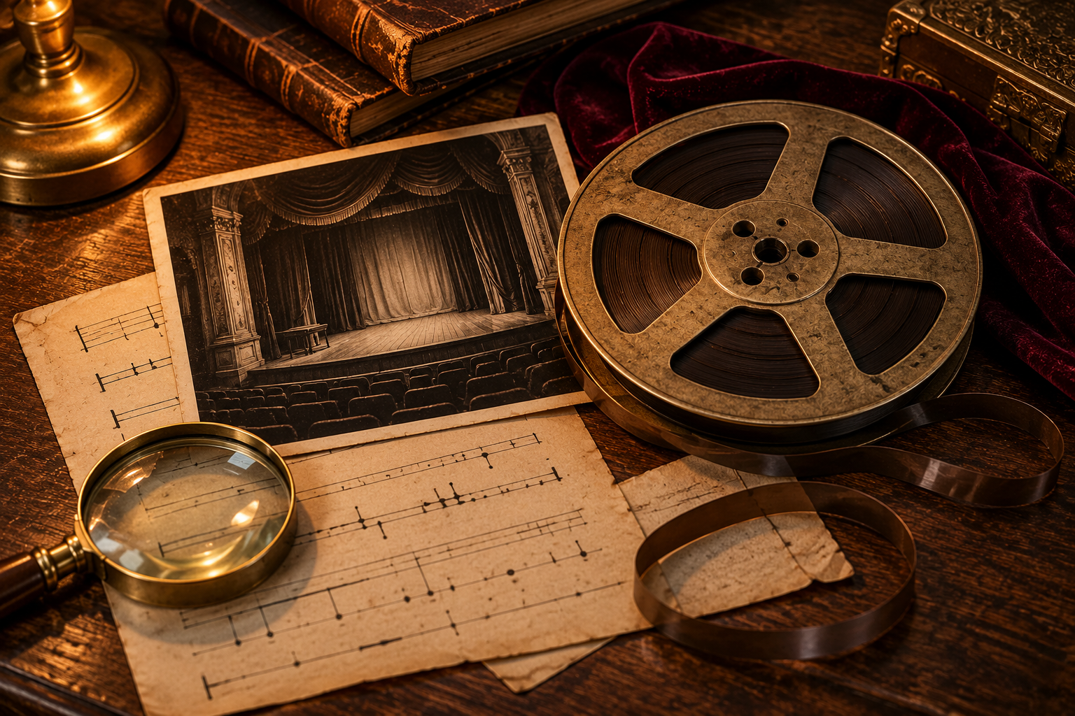 AI-created setting illustration: Old theatre photograph, rehearsal reel, notes and magnifying glass.